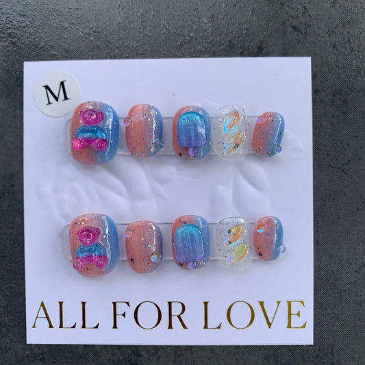 Mia Bear Nails(blue, pink, set with a bear, mixed colors, shiny)